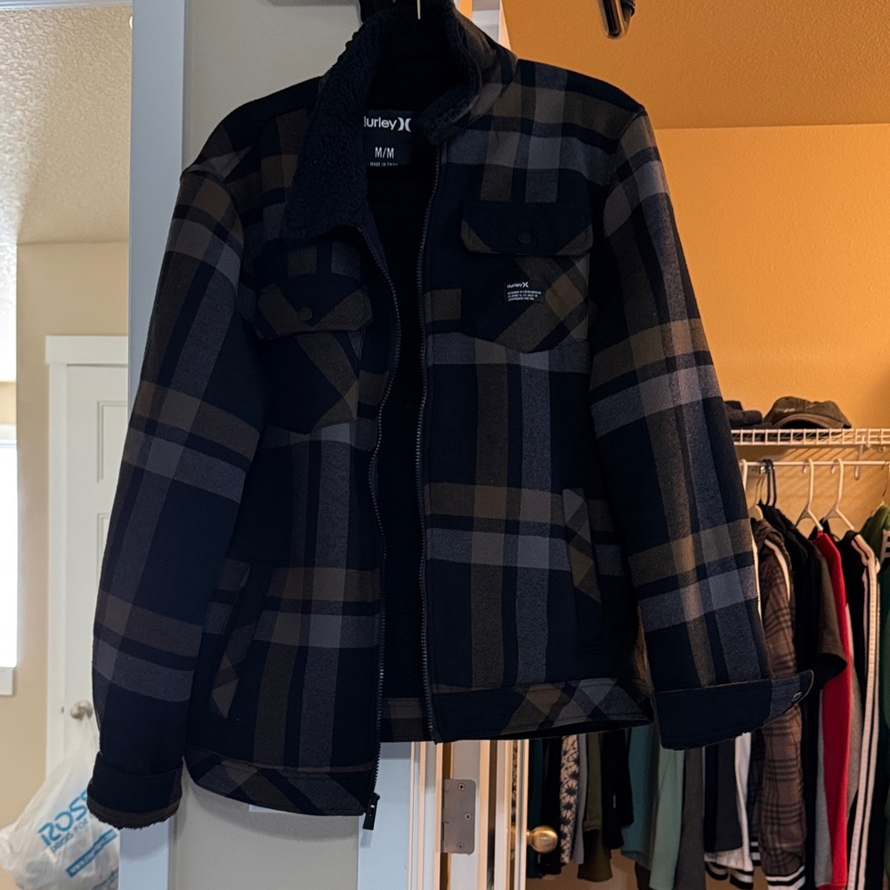 Hurley Men's Black and Brown Checkered Jacket